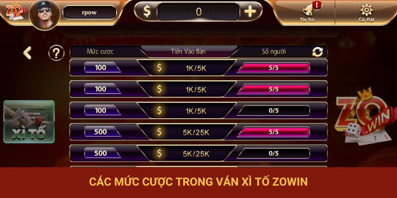 Các mức cược đa dạng trong ván game xì tố
